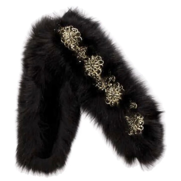 Adrienne Landau Accessories - Adrienne Landau Black Fox Fur Scarf Gold Sequin Beaded Flower Embellished Collar